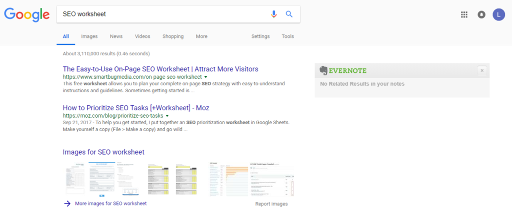 SEO worksheet google search results