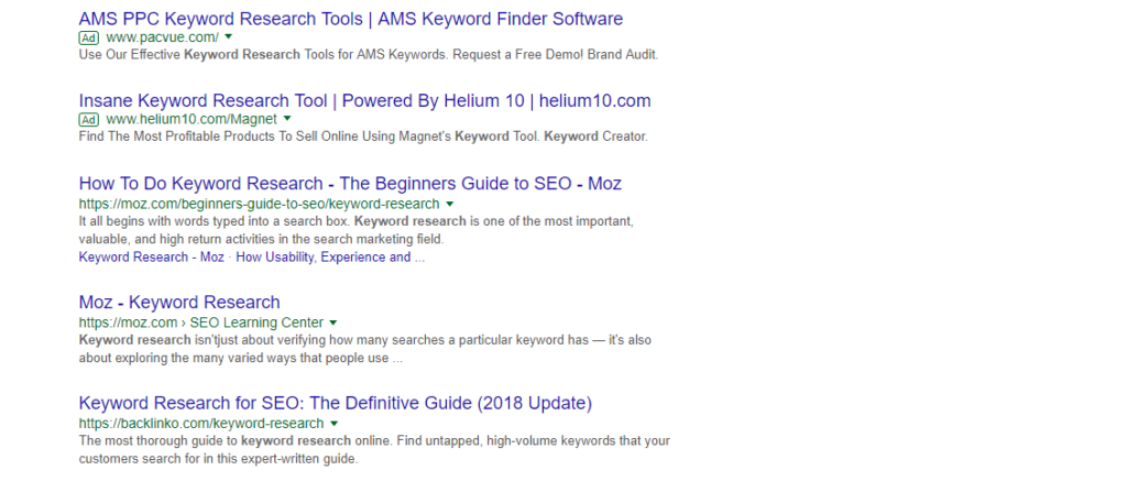 keyword research google search results