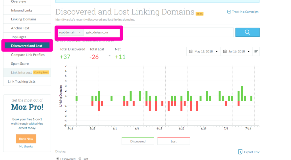 Discovered and lost linking domains report