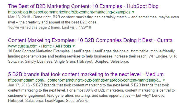 Google search results for best content marketing b2b