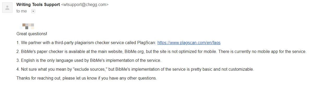 BibMe's response time from customer service. 