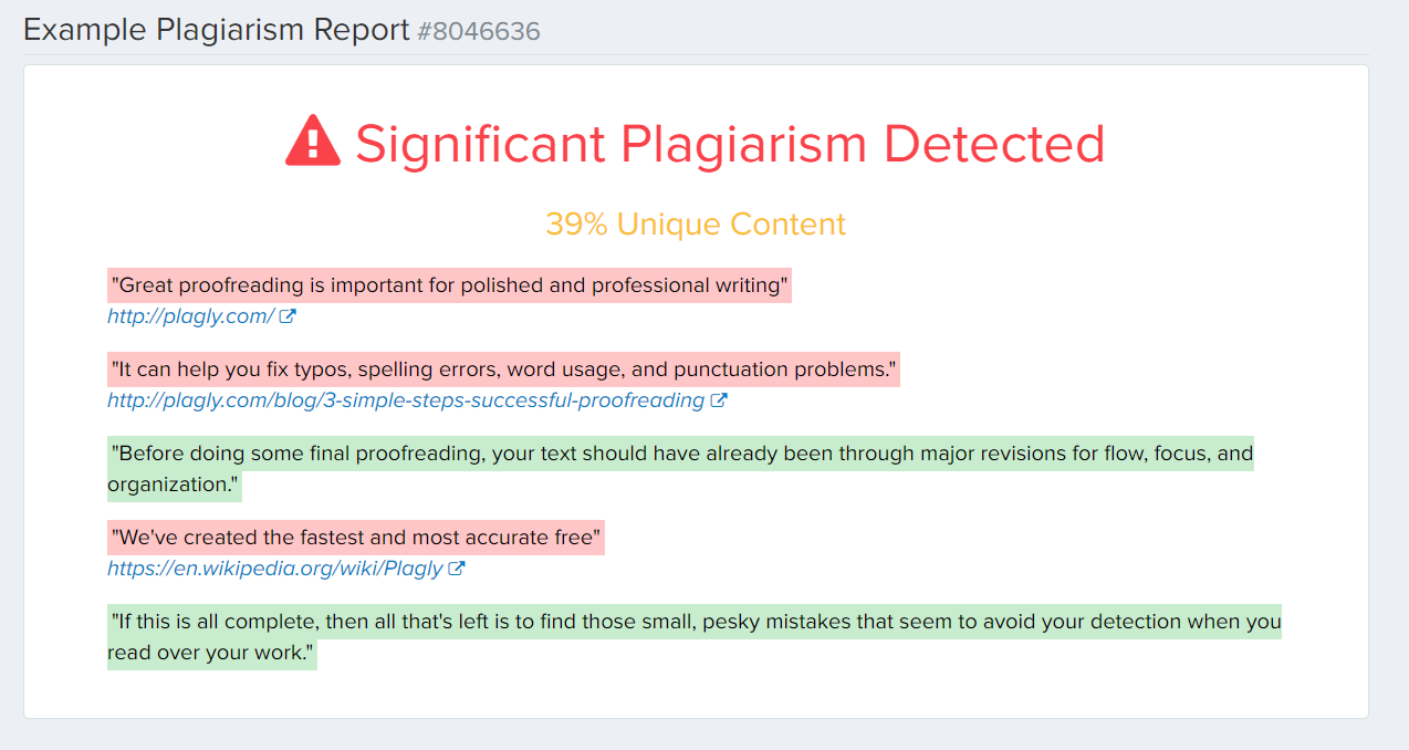 Example screenshot of Plagly's plagiarism detection software. 