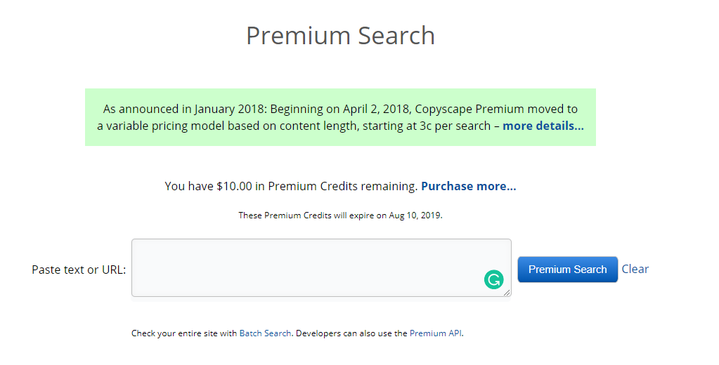 Example screenshot of Copyscape's Premium page.