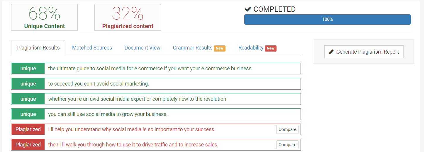 Example of PrePostSEO's plagiarism result with inaccurate reporting 