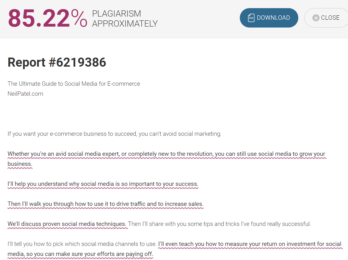 Example screenshot of Plagiarism Check working through our plagiarism sample.