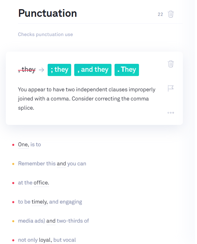 Grammarly punctuation issues around misplaced commas.