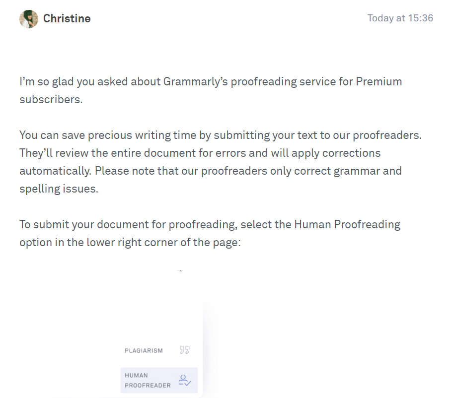 Response from ProWritingAid Customer Support representative