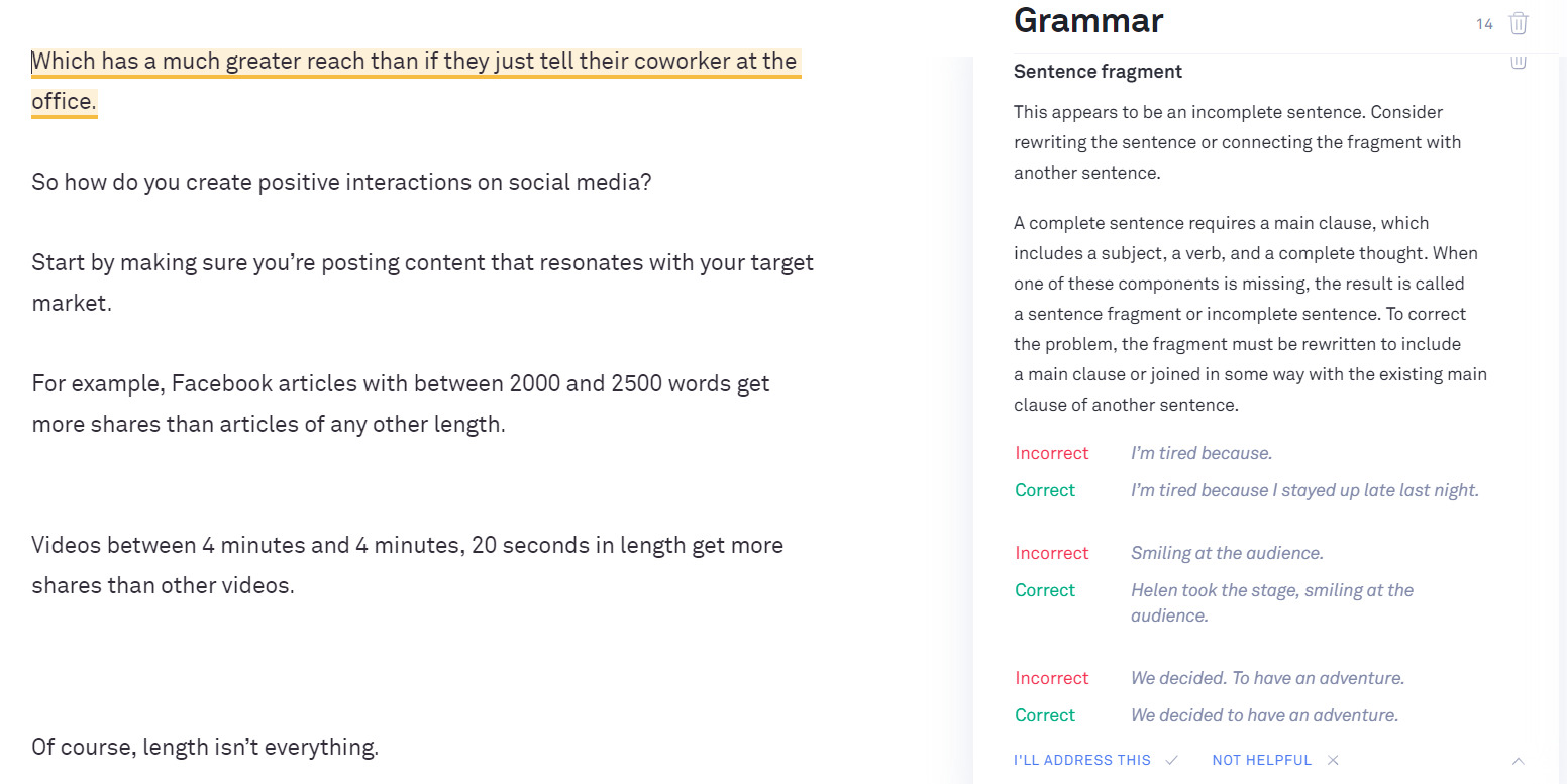 Grammarly flagging a sentence fragment mistake.