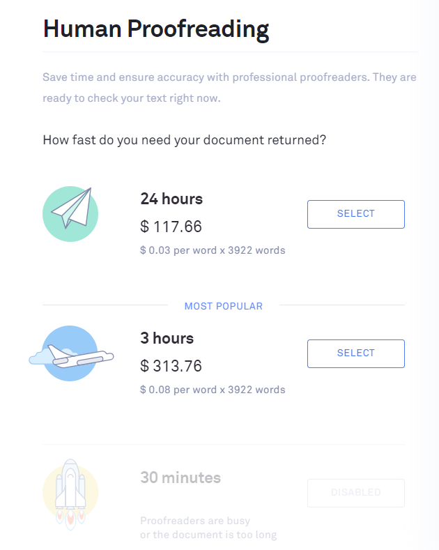 These are the available Human Proofreading options and costs that Grammarly offers.