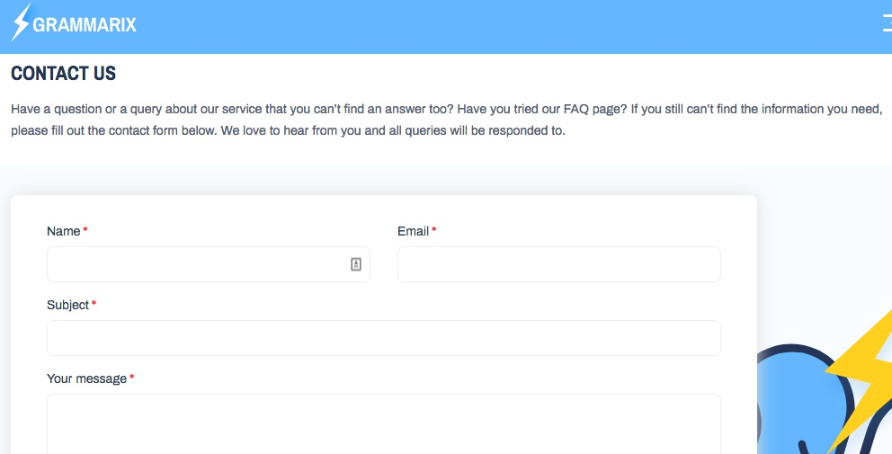 Example screenshot of Grammarix's contact form page.