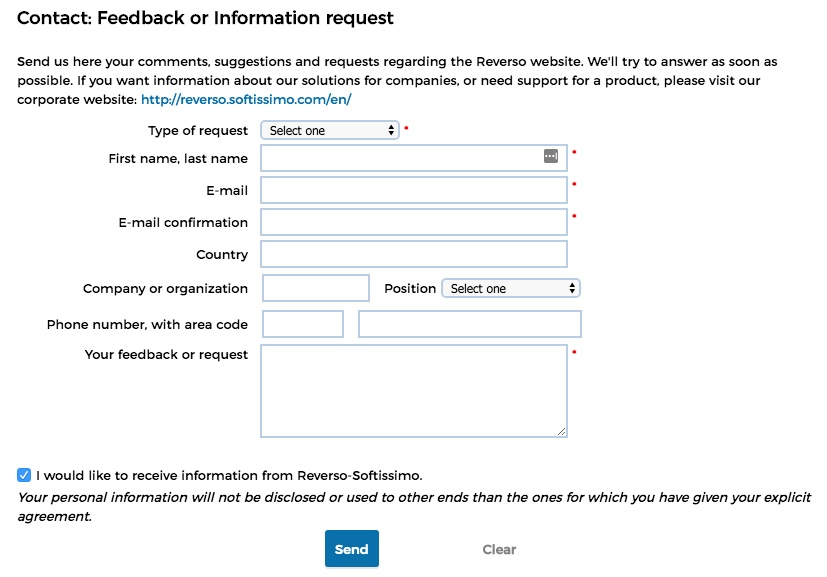 Example screenshot of Reverso's contact form.