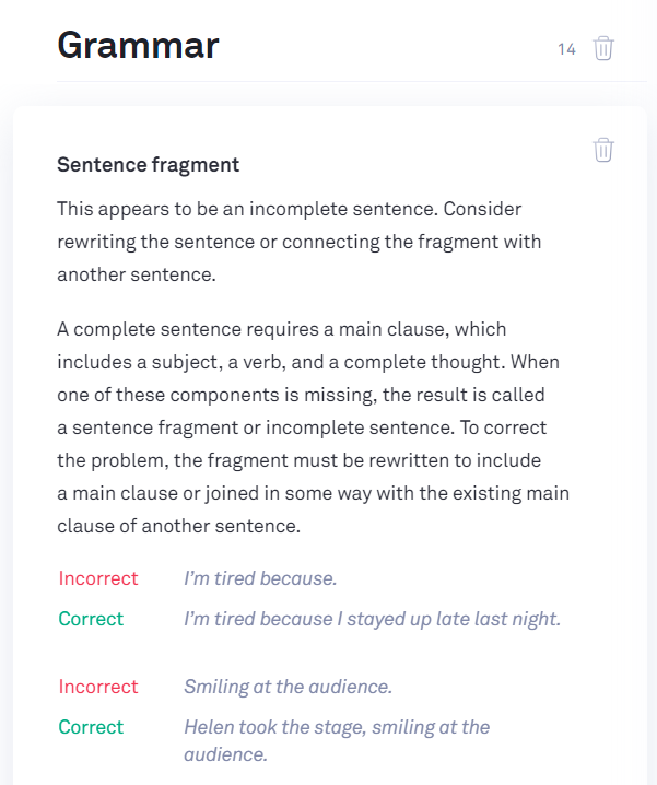 Grammarly sentence fragment