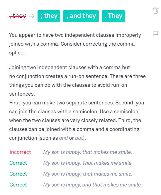 grammarly explains grammatical errors you made and the reason why