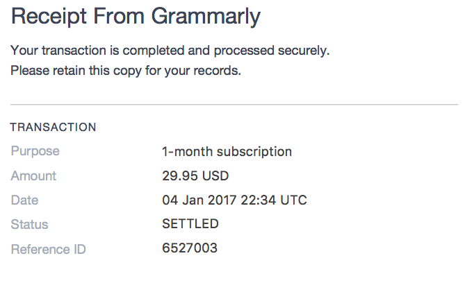 Grammarly monthly billing receipt