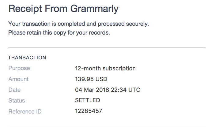 Grammarly sample annual billing receipt