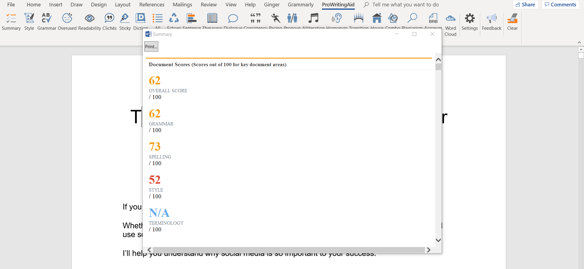 ProWritingAid grammar report on Word