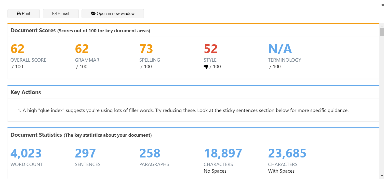 ProWritingAid Grammar Checker Reporting example with scores and statistics