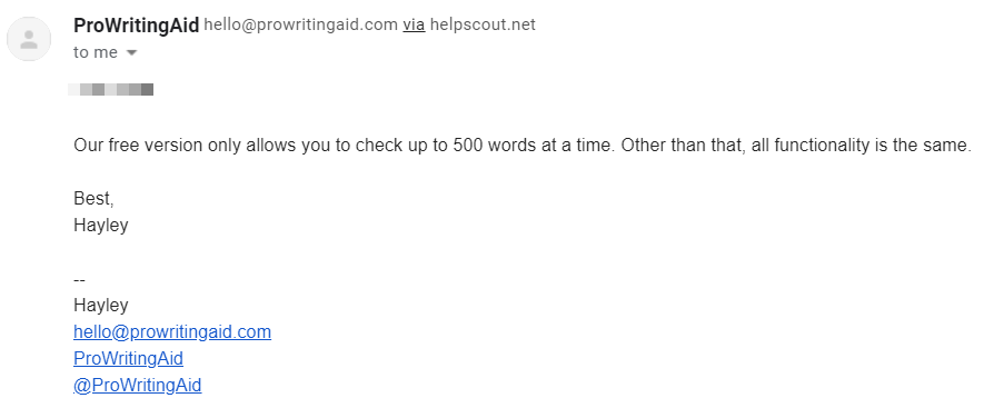 ProWritingAid sample customer support response