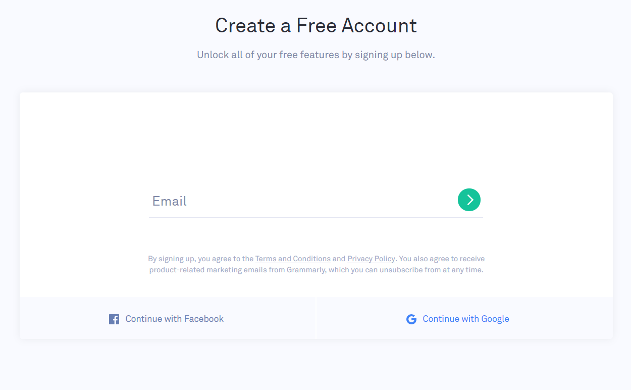 Grammarly Chrome create free account screen