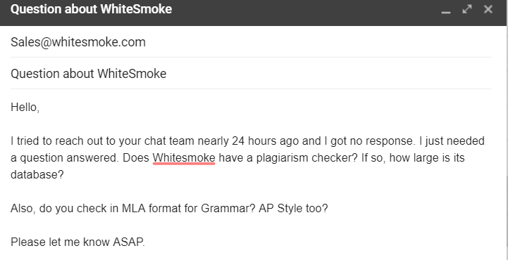 WhiteSmoke Support Email Inquiry