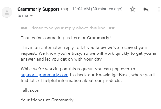 Grammarly support confirmation email