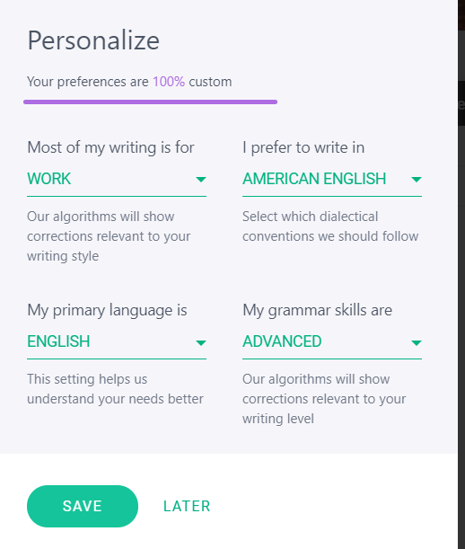 Grammarly Chrome Personalization Options