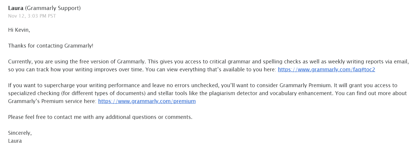 Grammarly Support Email Reply