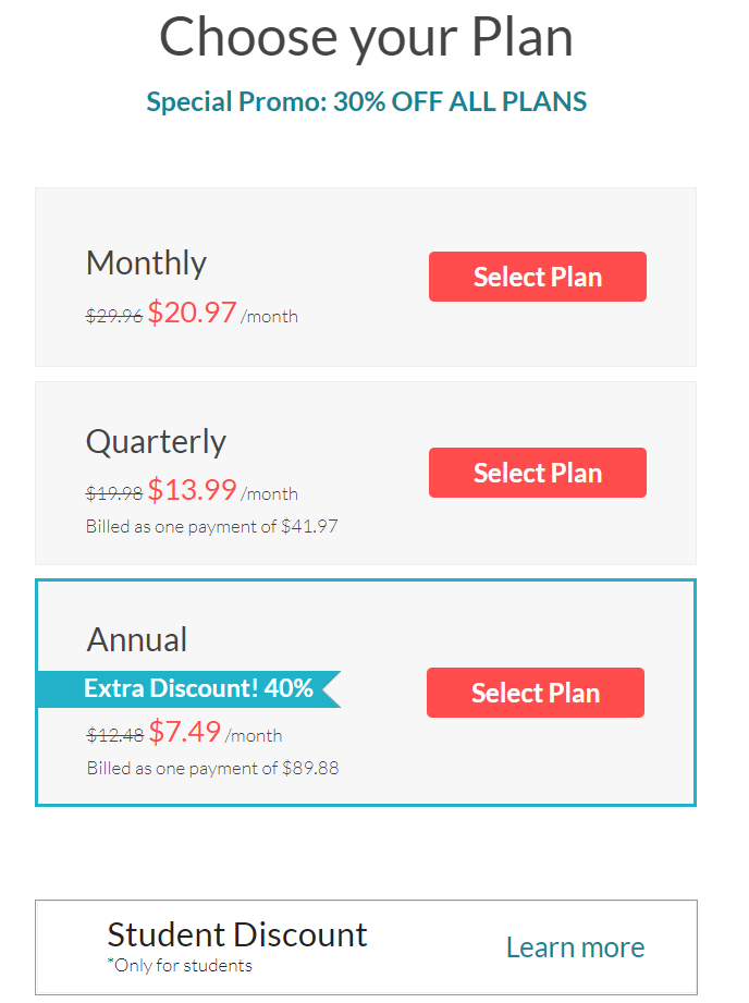 Example screenshot of Ginger Grammar discount plans. 