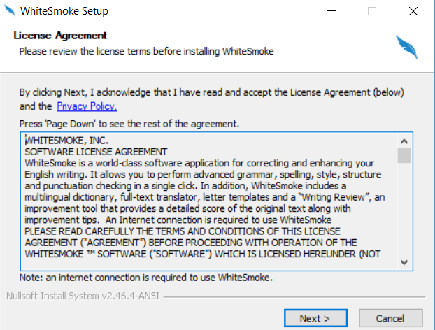 WhiteSmoke License Agreement Screenshot