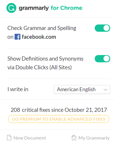 Grammarly for Chrome Settings for Facebook