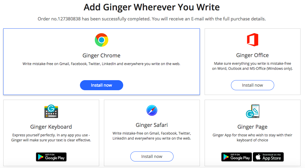 Example screenshot of Ginger Grammar device compatibility options.