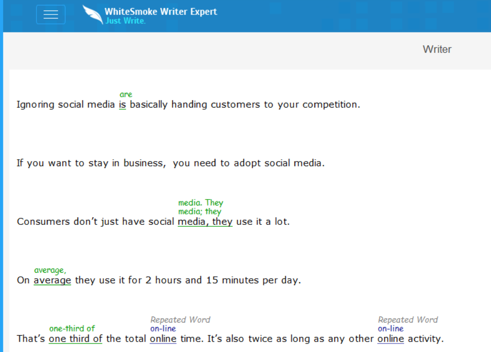 WhiteSmoke Accurate Grammar Checker results example