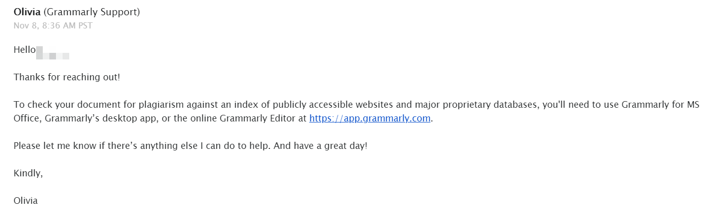 Grammarly support email reply