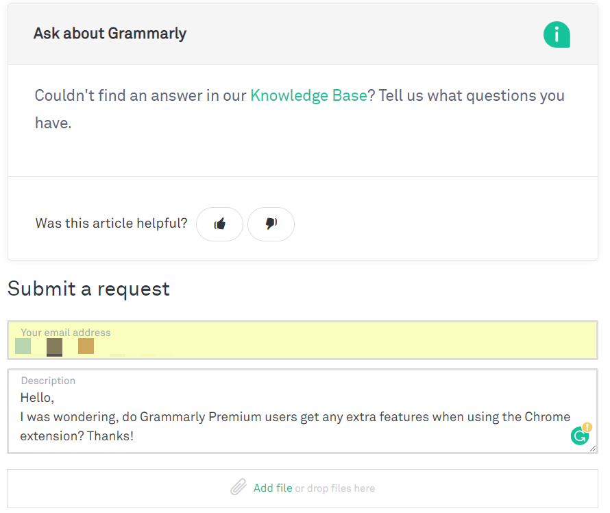 Grammarly Chrome Customer Support Submission