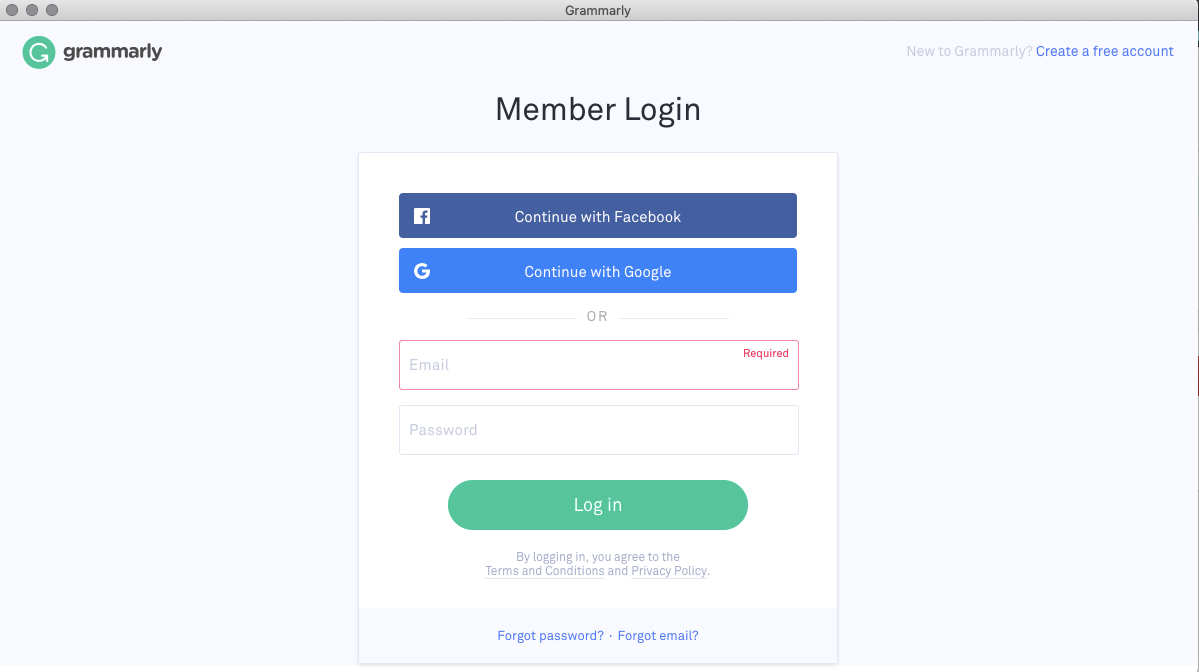 Grammarly Mac App Login Screen