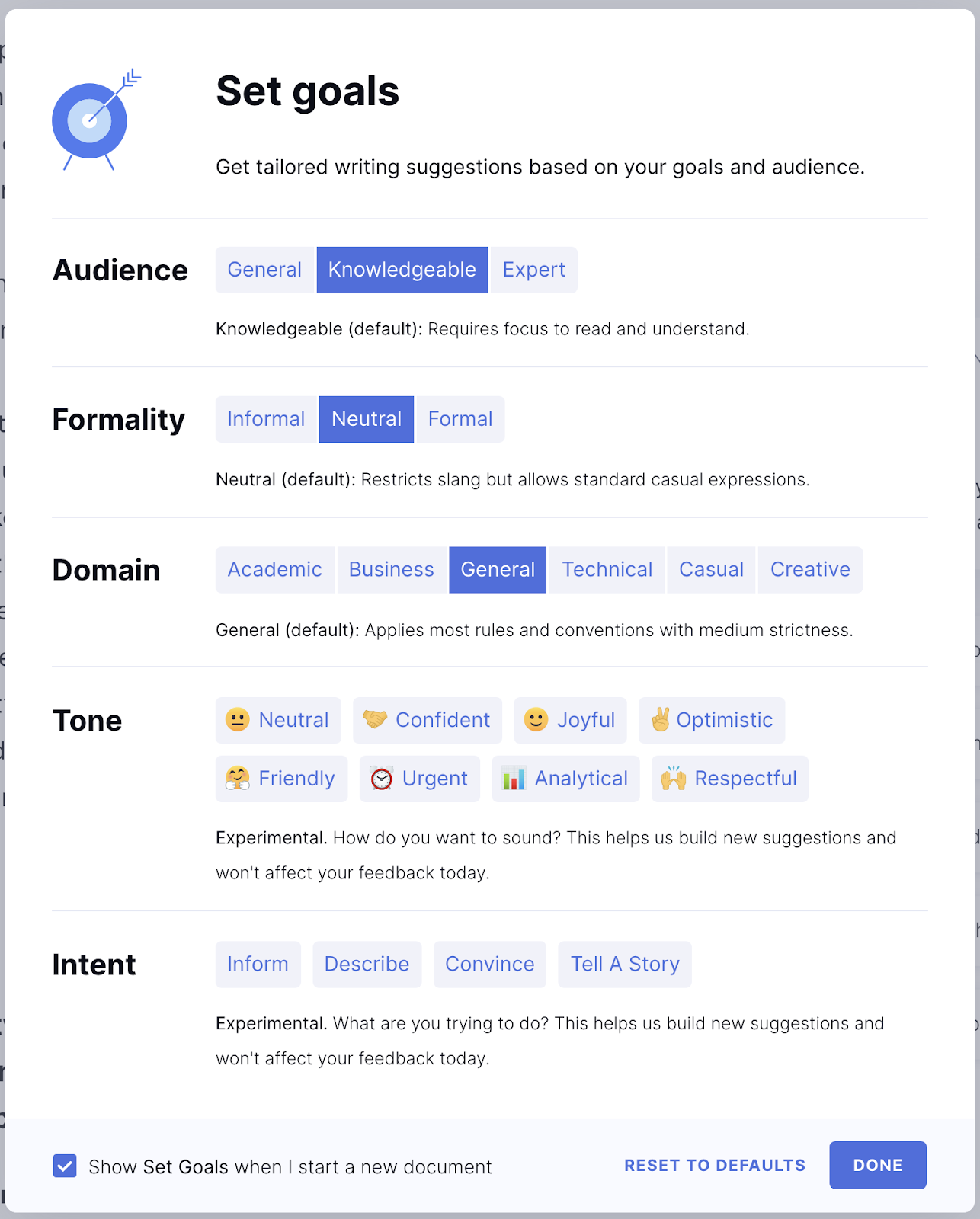 grammarly goal settings