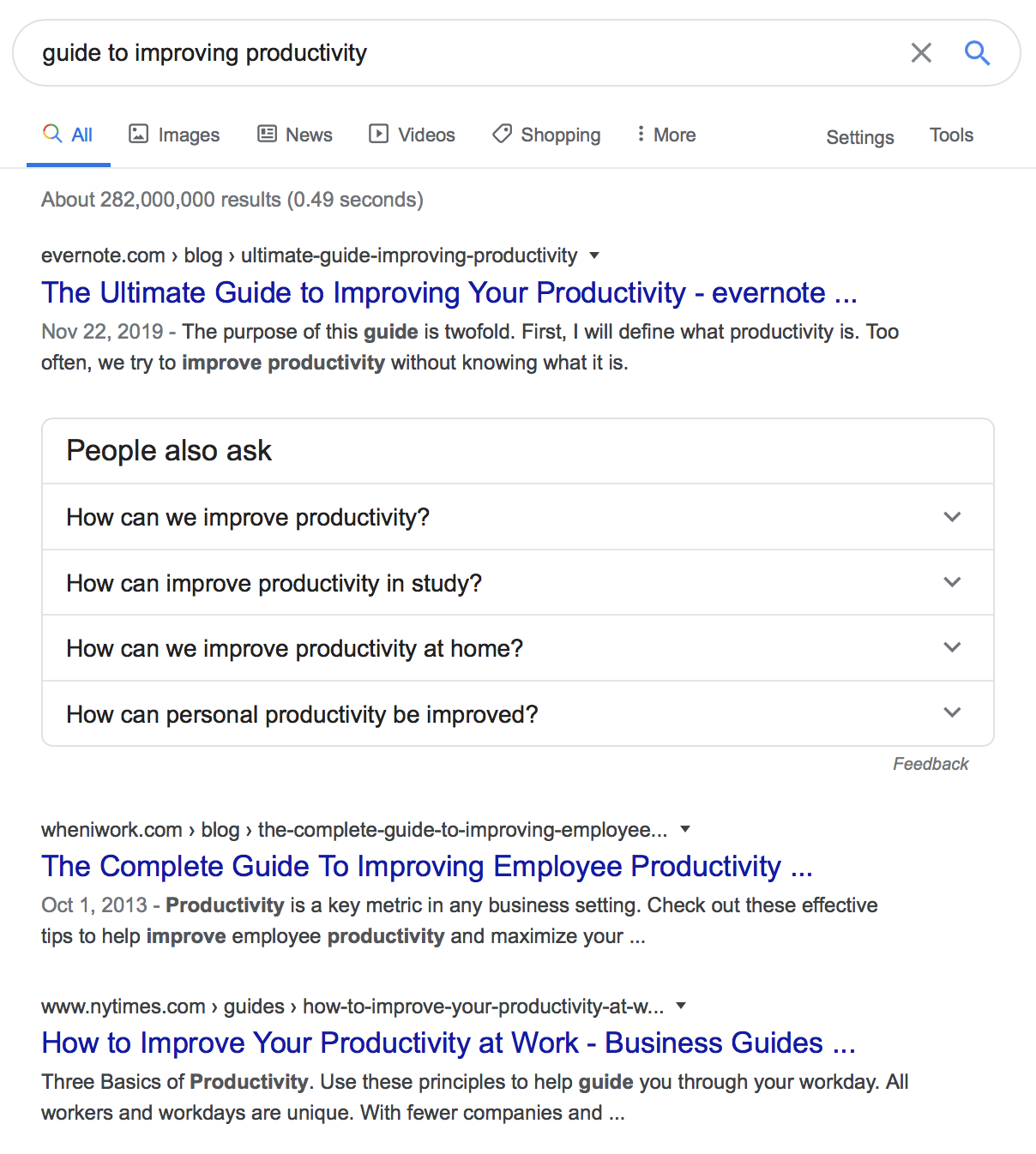 Guide to productivity search results