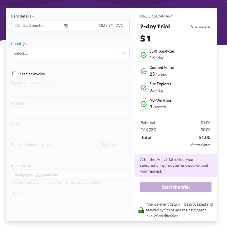 Surfer SEO shows it won't automatically charge you at the end of the trial.