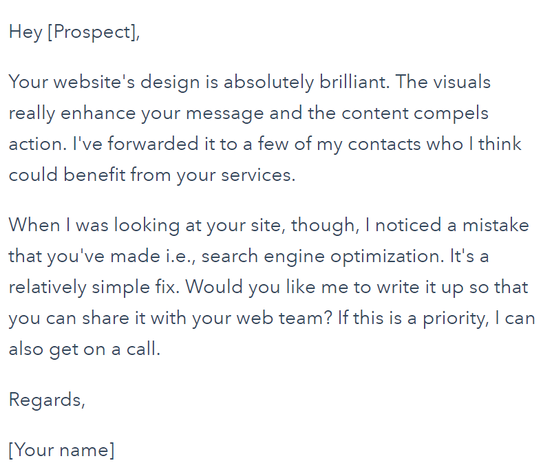 Example screenshot of sales email writing template.