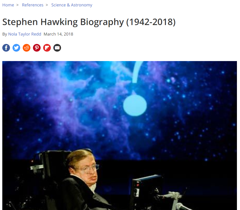 Example screenshot of informational writing: Stephen Hawking's biography.