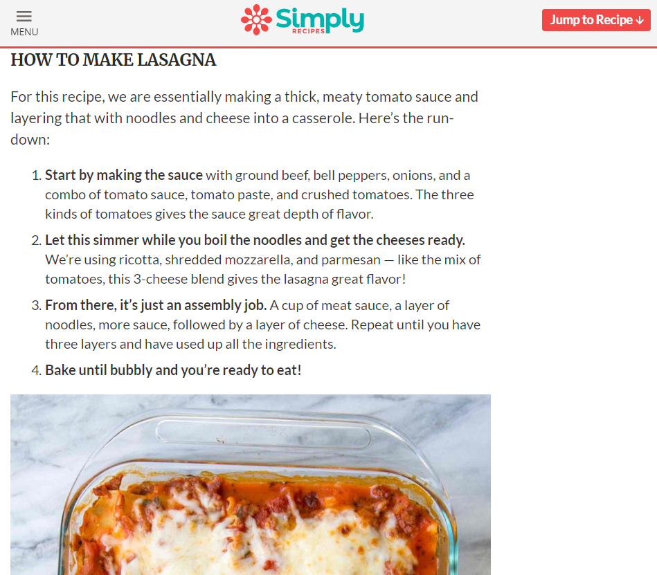 informational writing: Lasagna recipe. 