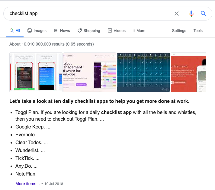 Example screenshot of searching checklist apps on Google.