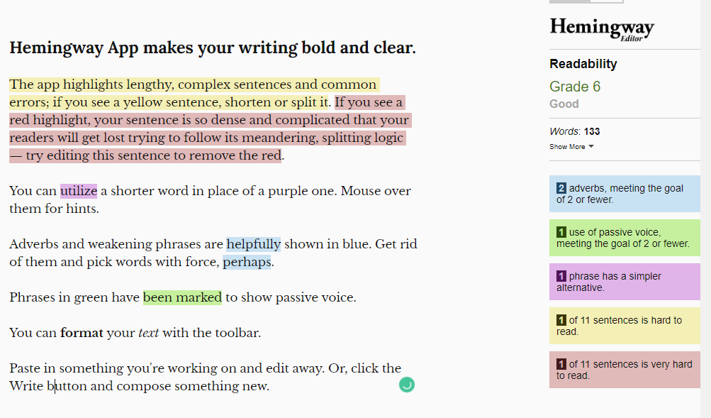 Example screenshot of Hemingway readability feature.