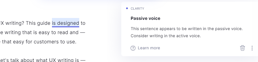 Example screenshot of Grammarly's passive voice detector feature.