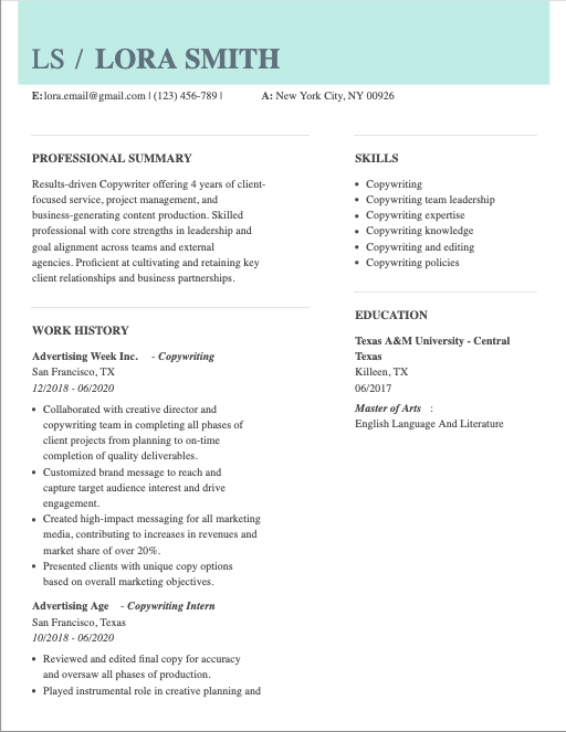 freelance copywriter resume