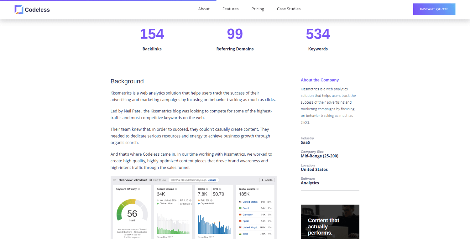 Codeless Kissmetrics case study screenshot