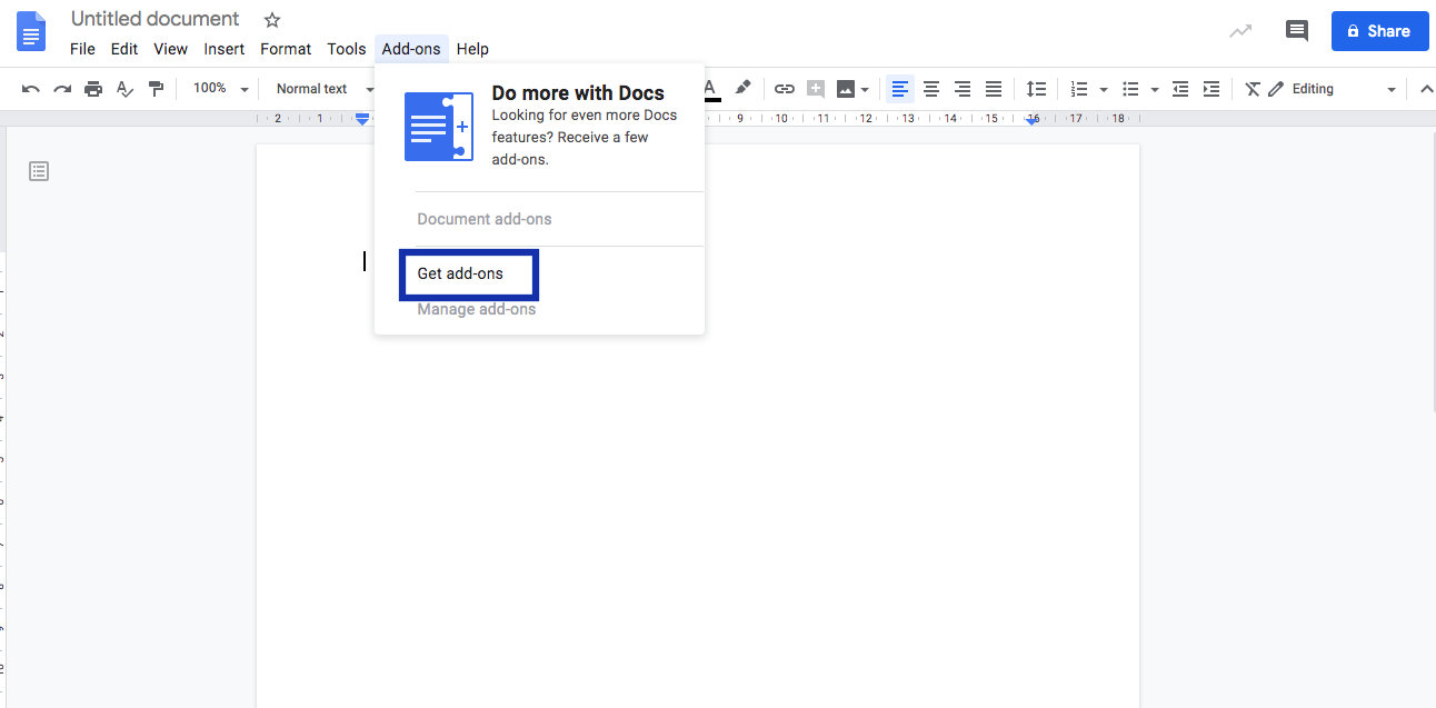 Get addons button Google Docs