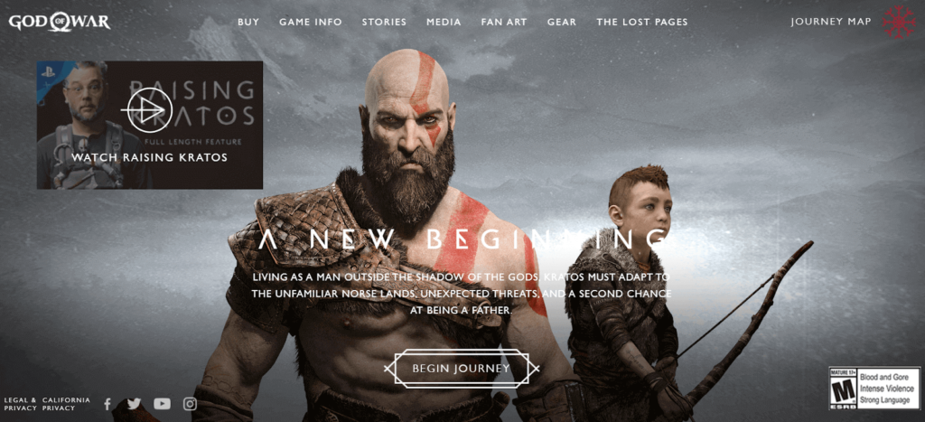 screenshot of God of War landing page