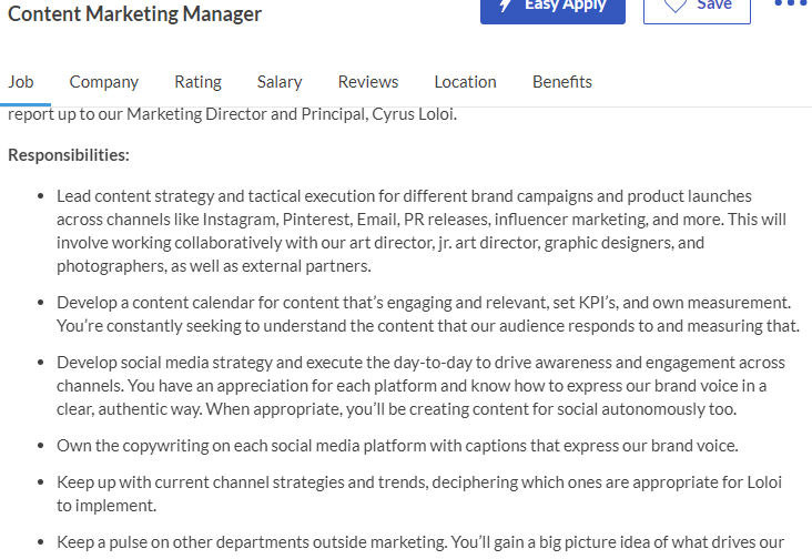 content marketing manager job description from Homegoods