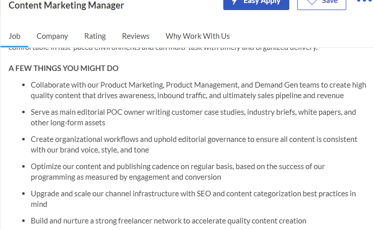 content marketing manager role description job listing